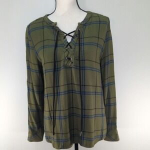 Santuary‎ Women's Plaid Olive Green Top MEDIUM